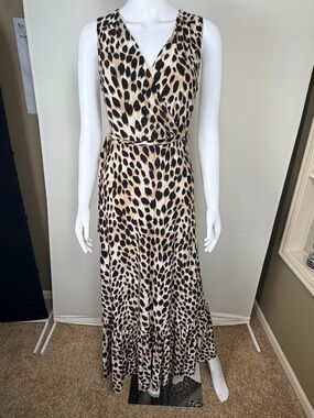 INC International Concepts Leopard Print Wrap Maxi Dress Sm Tie Waist Ruffle Hem